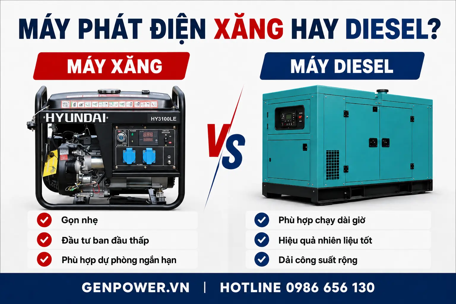 So sánh máy phát điện xăng Hyundai và máy phát điện diesel