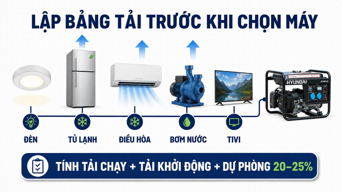 Cách tính công suất máy phát điện gia đình theo bảng tải