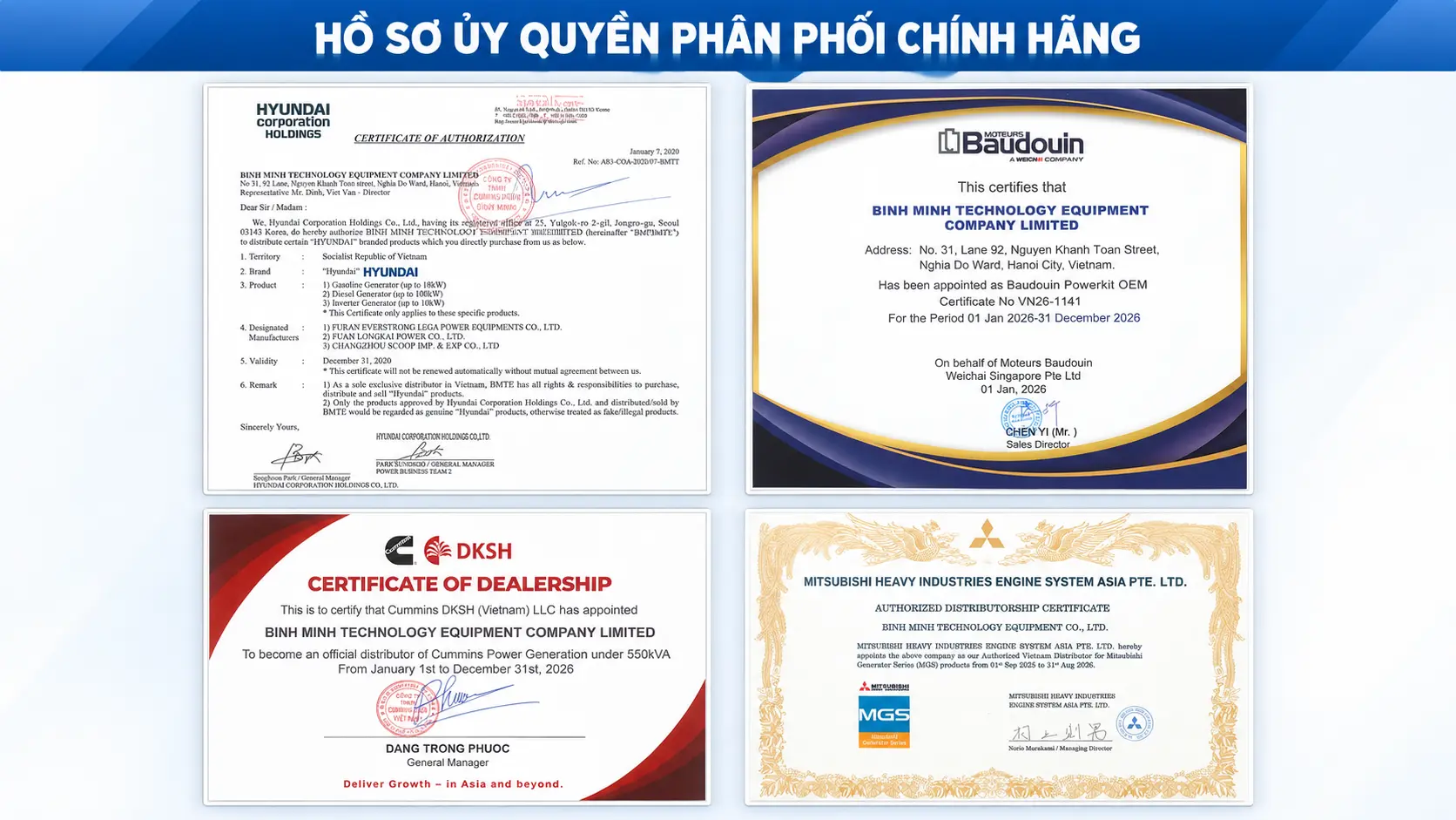 Hồ sơ ủy quyền phân phối chính hãng máy phát điện Hyundai, Baudouin, Cummins và Mitsubishi