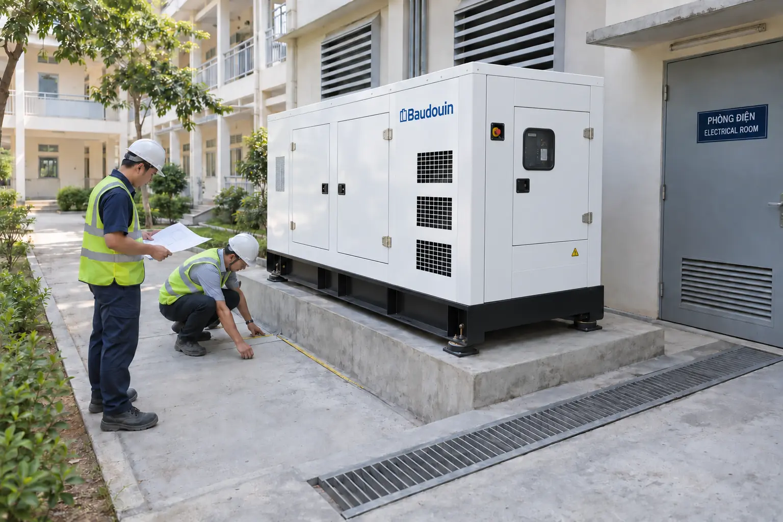 Kỹ sư khảo sát lắp đặt máy phát điện cho trường học