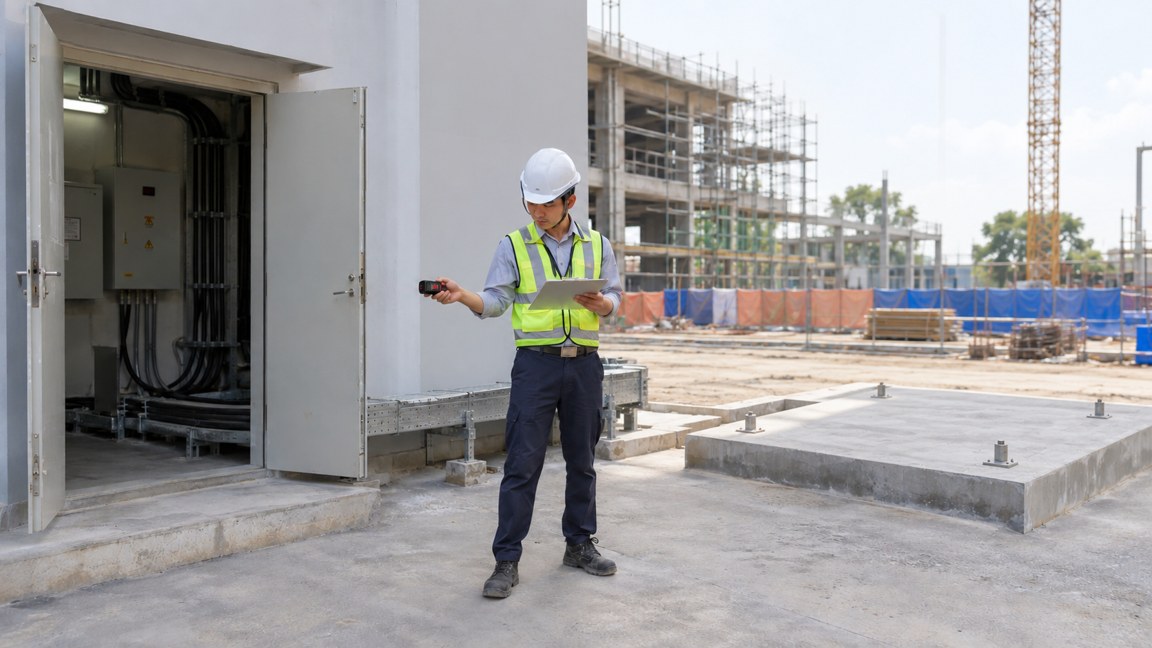 Kỹ sư khảo sát vị trí lắp đặt máy phát điện tại công trình