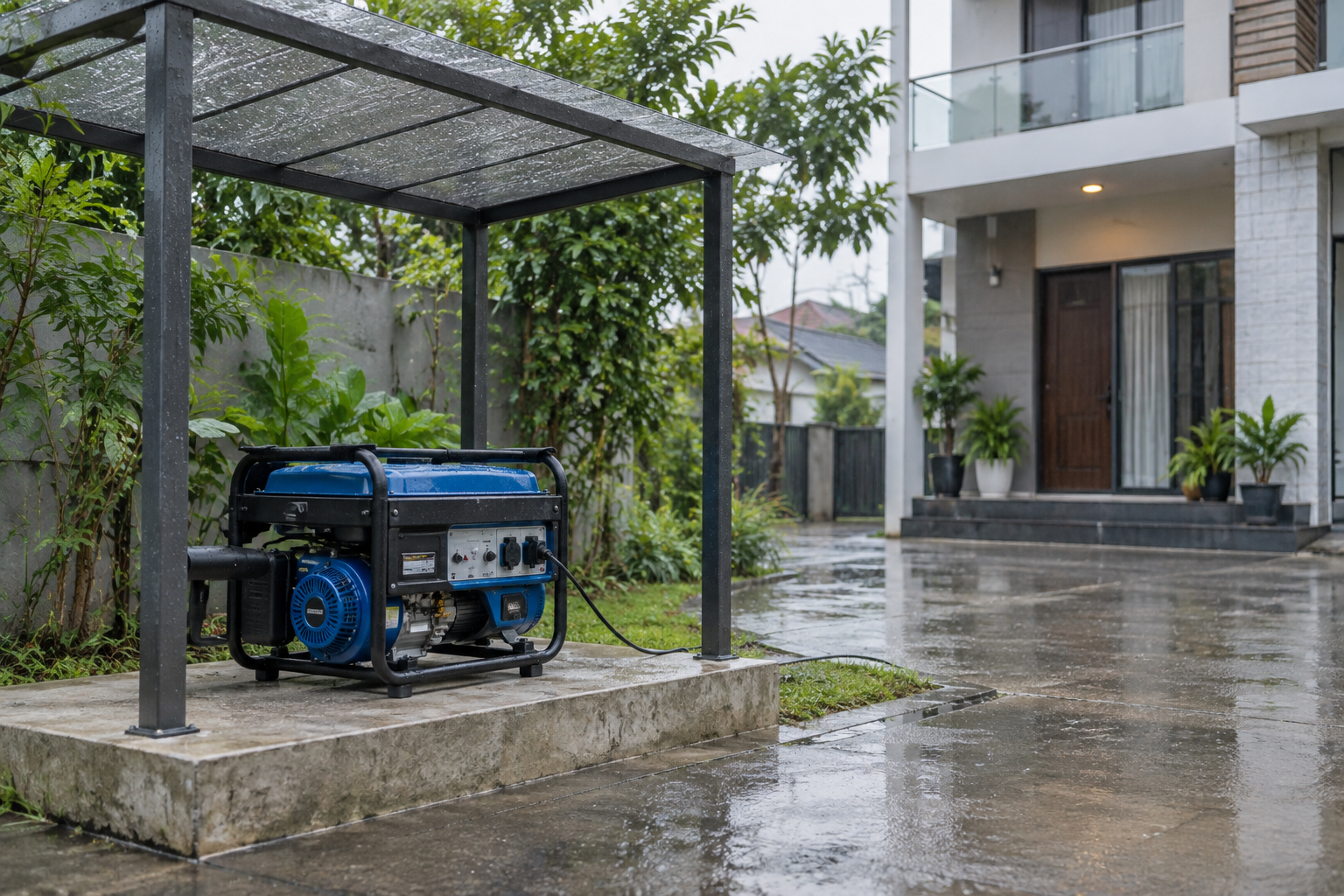 Máy phát điện gia đình đặt ngoài trời trên nền cao và có mái che thông thoáng