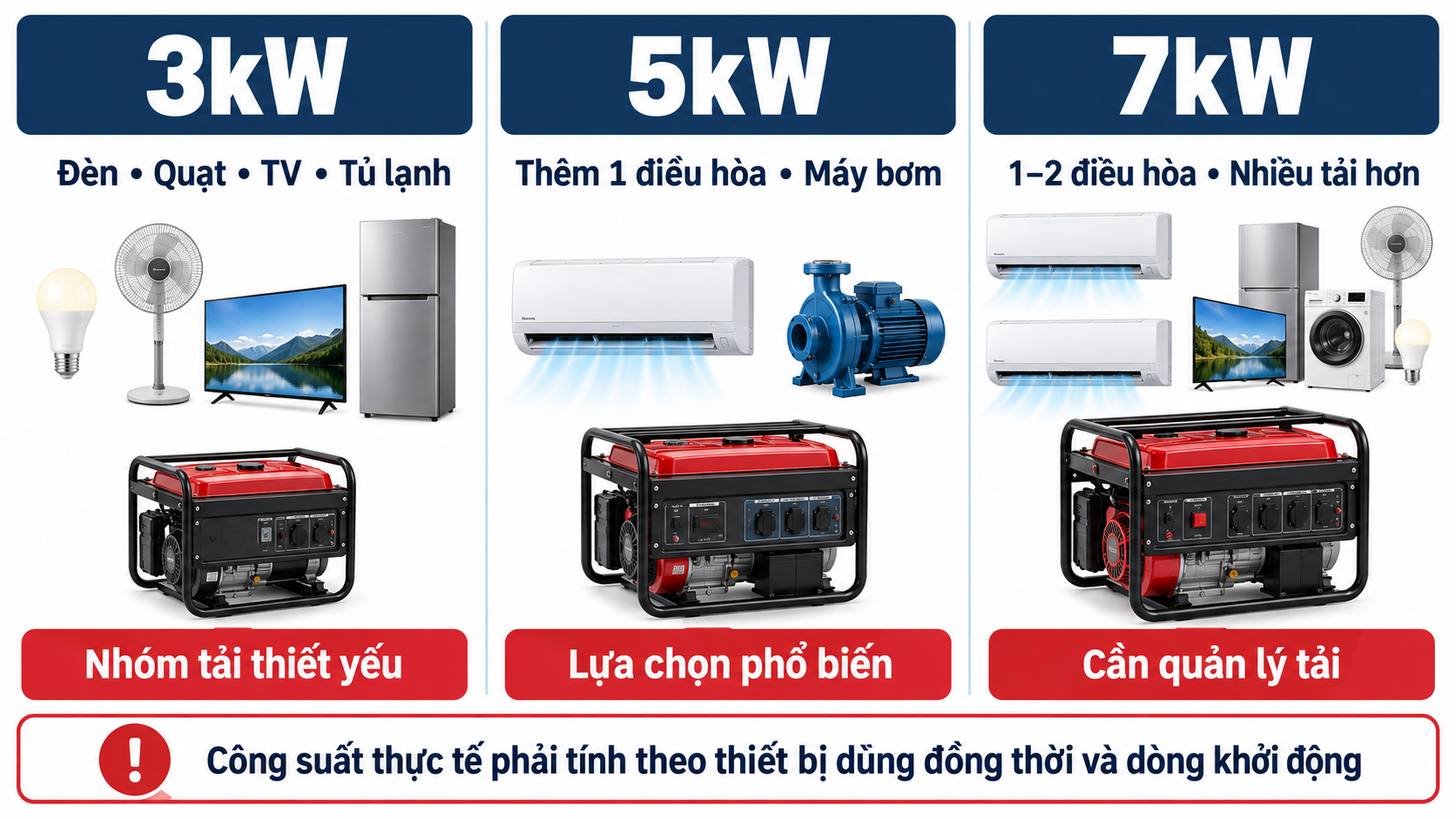So sánh máy phát điện gia đình 3kW, 5kW và 7kW
