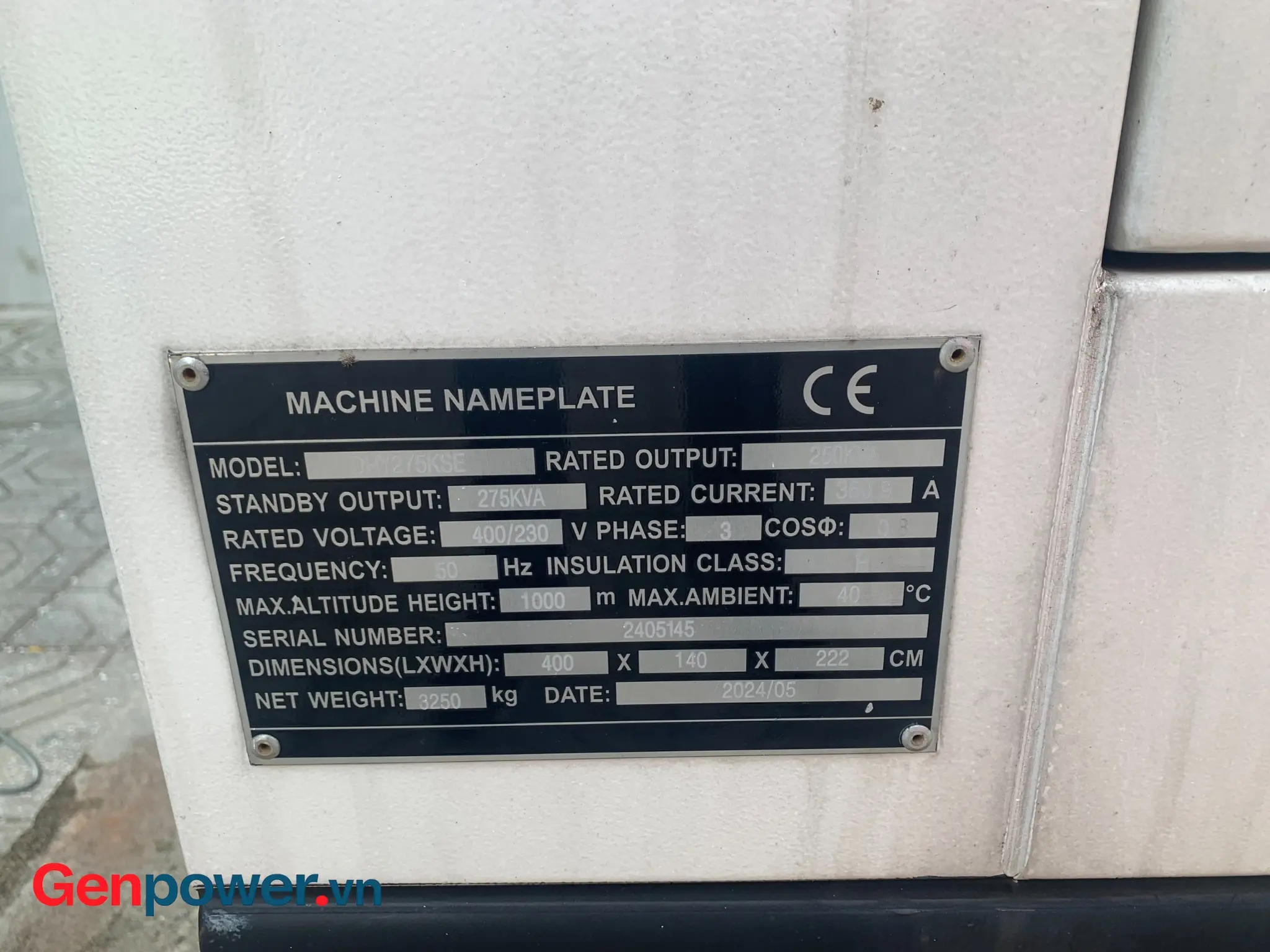 Tem thông số máy phát điện Hyundai DHY275KSE công suất dự phòng 275 kVA