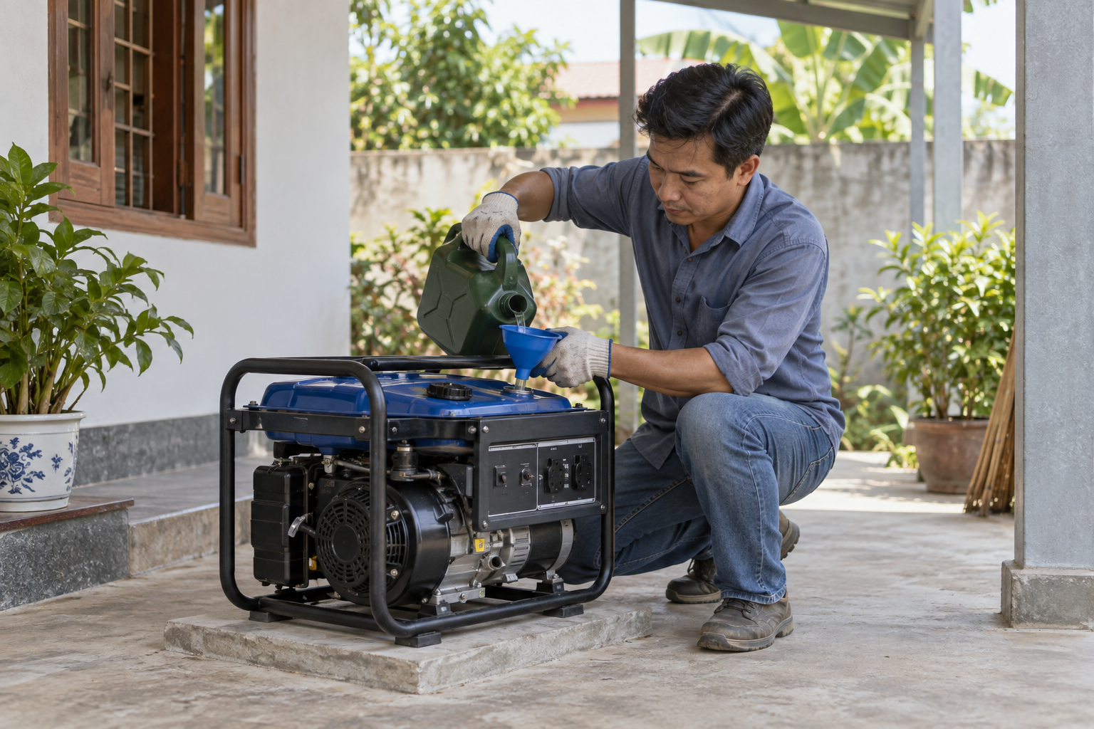 Người dùng tiếp nhiên liệu bằng can và phễu cho máy phát điện gia đình đã tắt và nguội
