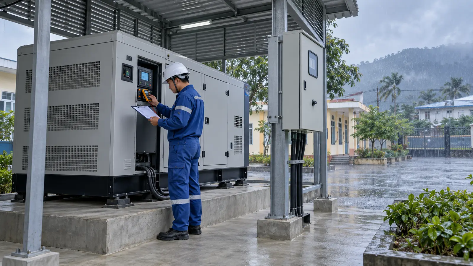 Kỹ thuật viên kiểm tra máy phát điện dự phòng trước đợt mưa lớn miền Trung