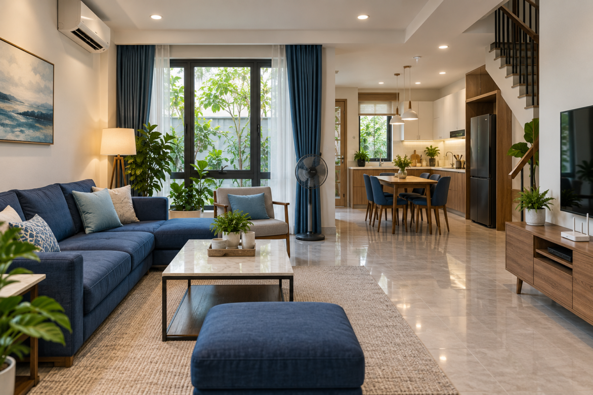 Minh họa điều hòa, tủ lạnh, quạt, tivi và đèn trong gia đình khi chọn máy phát điện 10kW